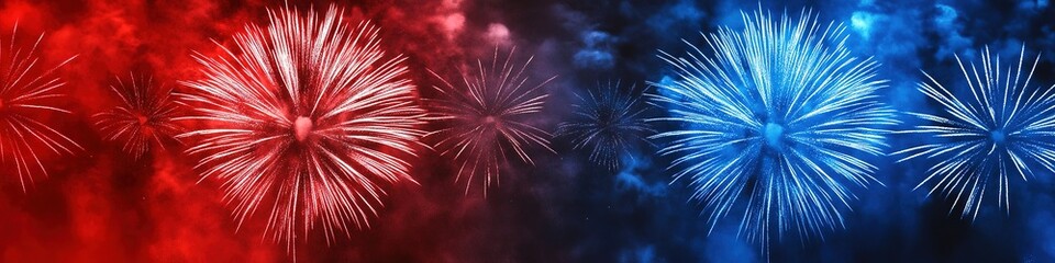 Fototapeta premium Red to blue gradient fireworks display on dark sky