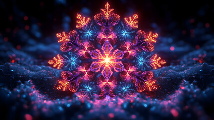Fototapeta premium Vibrant snowflake design featuring neon colors on a dark background in a winter-inspired digital artwork. Generative AI
