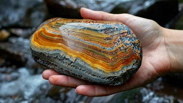 Exploring vibrant agate stones in a serene river setting during a summer afternoon