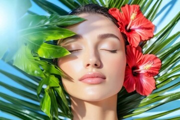 Fototapeta premium Tropical Christmas Bliss - Festive Portrait of a Sun-Kissed Woman Adorned with Palm Leaves and Hibiscus Flowers