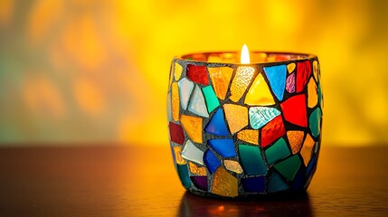 Vibrant Mosaic Glass Candle Holder on Mahogany Table with Soft Yellow Background
