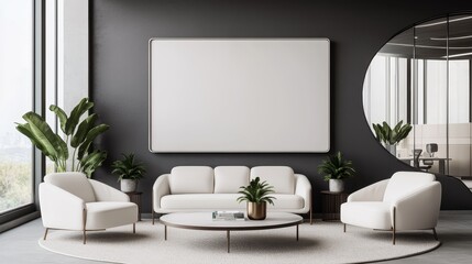 Sleek Minimalist Living Room with White Leather Furniture and City View, Elegant Modern Interior Design Concept for Luxurious Home Decor