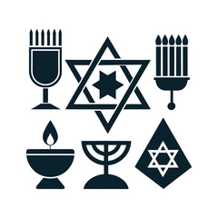 Hanukkah logo Icon Set, Hanukkah decorations silhouette vector art illustration isolated on a white background