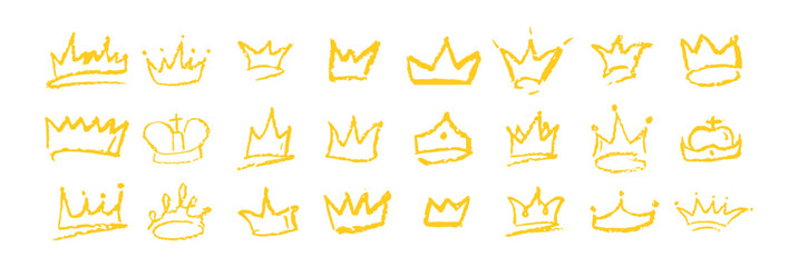 Set of doodle gold crowns drawn by wax pencil. Yellow royal headwear in graffiti style. Collection of hand drawn luxury doodle kid elements for rock or hip hop music poster design. Vector illustration