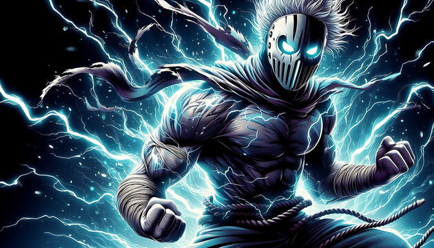 Epic Anime MC in a Ghost Mask with Lightning and Flame Effects &ndash; Perfect for T-Shirts, Posters, Music Covers, YouTube Thumbnails, Print-on-Demand, Wallpaper , and Artistic Backgrounds