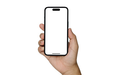 Hand holding smart phone Mockup, with Transparent screen and isolated for Infographic Business web site design app - Clipping Path