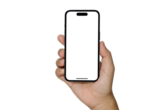 Hand holding smart phone Mockup, with Transparent screen and isolated for Infographic Business web site design app - Clipping Path