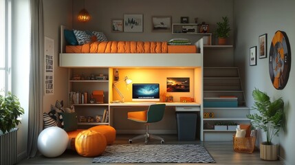 A space-saving kids' loft bed with a built-in desk and shelves underneath, set in a modern children's bedroom with colorful decor.