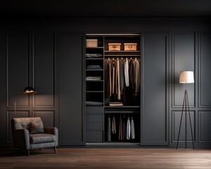 Elegant Black Closet in Minimalist Room with Symmetrical Balance and Intricate Paneling, Sophisticated Interior Design Concept for Home Decor