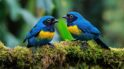 romantic couple lover blue birds in lush green nature landscape, tranquil forest