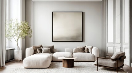 a interior design picture for a home magazine of a contemporary well lit living room in a modern European interior with a 50Ã—70cm framed artwork on the wall. 