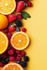 Vibrant Citrus Delight Close-Up of Fresh Fruits and Berries on Yellow Background - Summery, Juicy, Healthy Eating Concept