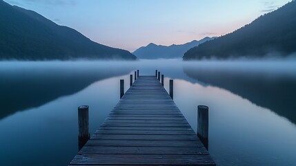 Fototapeta premium Tranquil Sunrise: Wooden Pier on Calm Lake with Misty Mountains in the Background