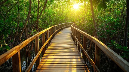 Fototapeta premium Serene Wooden Boardwalk Through Mangrove Forest with Sunlight Filtering Through Canopy