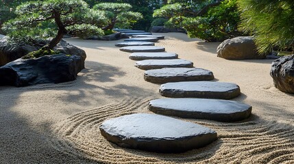 Tranquil Zen Garden Path with Stepping Stones and Bonsai Trees