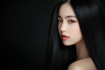 Fototapeta premium close up Asian woman hair advertising concept, healthy smooth silky shiny black hair with elegance flow curve