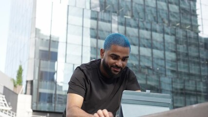 African american young businessman casual outfit focusing on business online invest looks at camera goes mind blown. Man with surprise. Man expressing shock for something unbelievable. human reactions - Powered by Adobe