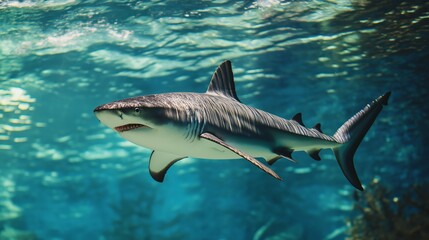 Naklejka premium shark swimming underwater with coral reef 