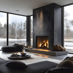 A sleek black minimalist fireplace adds warmth to a cozy lakeside living room during the winter season. Generative AI