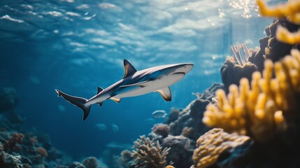 Fototapeta premium shark swimming underwater with coral reef 