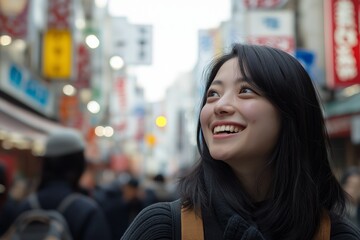 Fototapeta premium smiling Asian woman with fun and joy in urban bustling shopping street full of bokeh light as background, holiday and travel concept