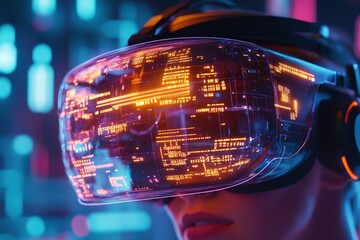 Person with futuristic VR headset, digital code overlay