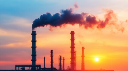 Factory Emitting Thick Black Smoke at Sunset