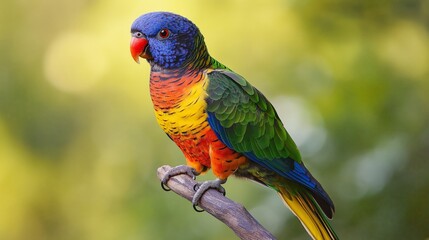 Naklejka premium colorful parrot bird in lush green nature landscape, tranquil forest, bird in nature background