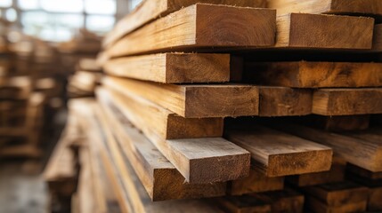 close up perspective lumber wood in the factory warehouse