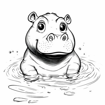 recommend clip art: Cute Cartoon Hippopotamus Illustration in Water