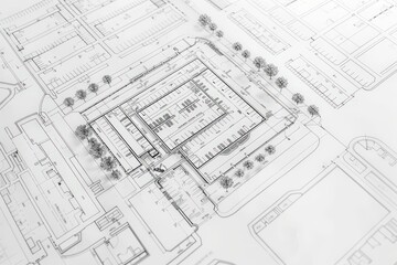 A white and grey drawing of a building with a large square window, generative ai image