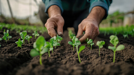 Close-up of a farmer's hands gently sifting through rich, dark soil, with young seedlings emerging from the ground, healthy soil and sustainable agriculture