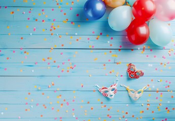 Colorful Carnival Party Background With Balloons, Confetti & Masks