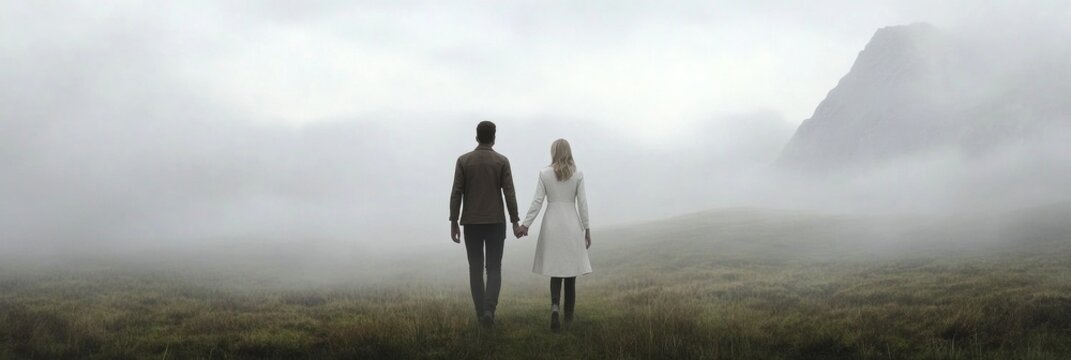 Young Couple Leaving Technology Behind, Walking Hand in Hand into a Misty Landscape - Powered by Adobe