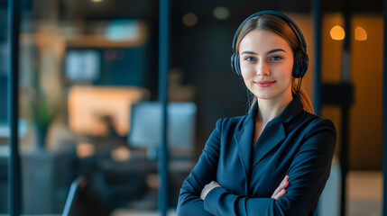 Confident customer service agent standing with arms crossed, wearing a headset in front of a modern office background, exuding determination and professionalism that reflects leadership 