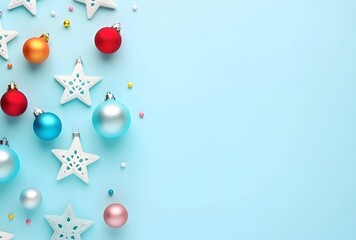 Colorful Christmas Ornaments and Stars on Blue Background