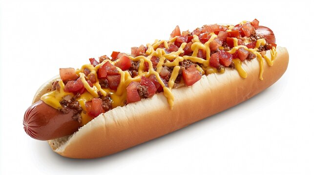 A footlong hot dog with melted cheese and diced tomatoes, isolated on a clean white background for a simple, inviting presentation