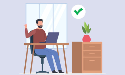 Completed project by business professional celebrating task completion in modern office. Green checkmark symbolizes project success, productivity, and goal achievement in calm and efficient workspace
