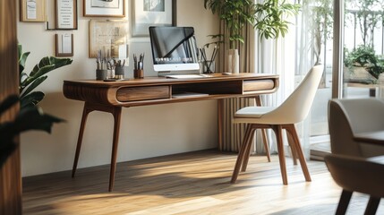 Fototapeta premium A versatile, multi-functional desk that can be used as a workspace, a dining table, or a vanity.