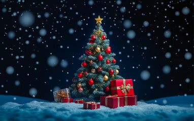 Christmas tree with gifts and falling snowflakes against dark blue background