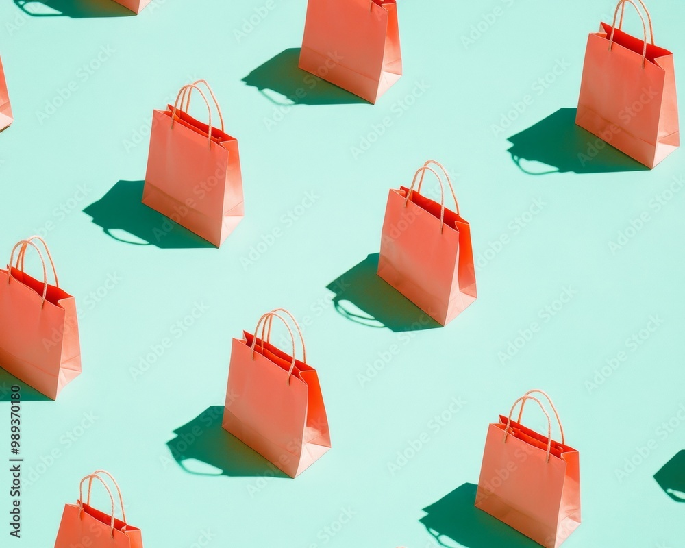 Poster bright pattern of orange shopping bags on teal background - playful and lively stock with depth and 