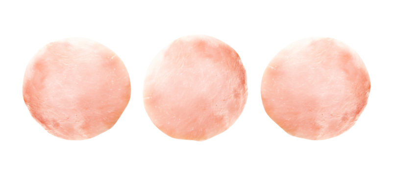 Three round slices of ham with a delicate pink color and visible texture