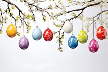 Colorful Easter Eggs Hanging On Tree Branch