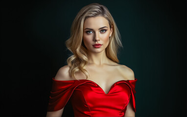 Fototapeta premium Portrait Attractive young woman in red dress. Outfit for New Year's party.