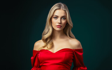 Fototapeta premium Portrait Attractive young woman in red dress. Outfit for New Year's party.