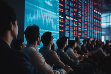 Business professionals attending a financial seminar while observing data analytics in a modern conference room