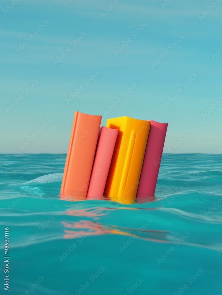 Poster vibrant minimalist art of floating books in ocean depicting global exploration concept