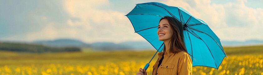 Woman with Umbrella in a Field of Yellow Flowers.