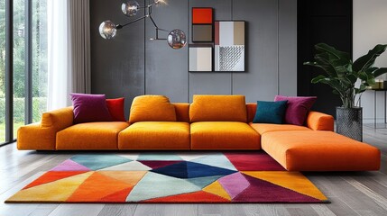 A vibrant area rug with geometric patterns enhancing a modern living space.