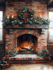 Warm and inviting traditional brick fireplace adorned with holiday decorations in a cozy living room during winter evenings. Generative AI